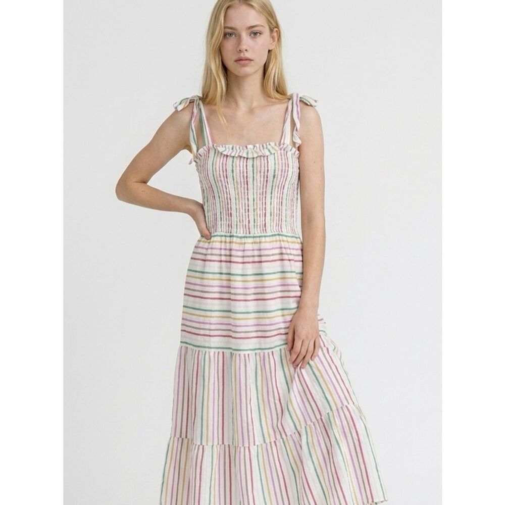 POLAGRAM | White Multicolor Striped Maxi Dress Tie Straps Women’s Size Small